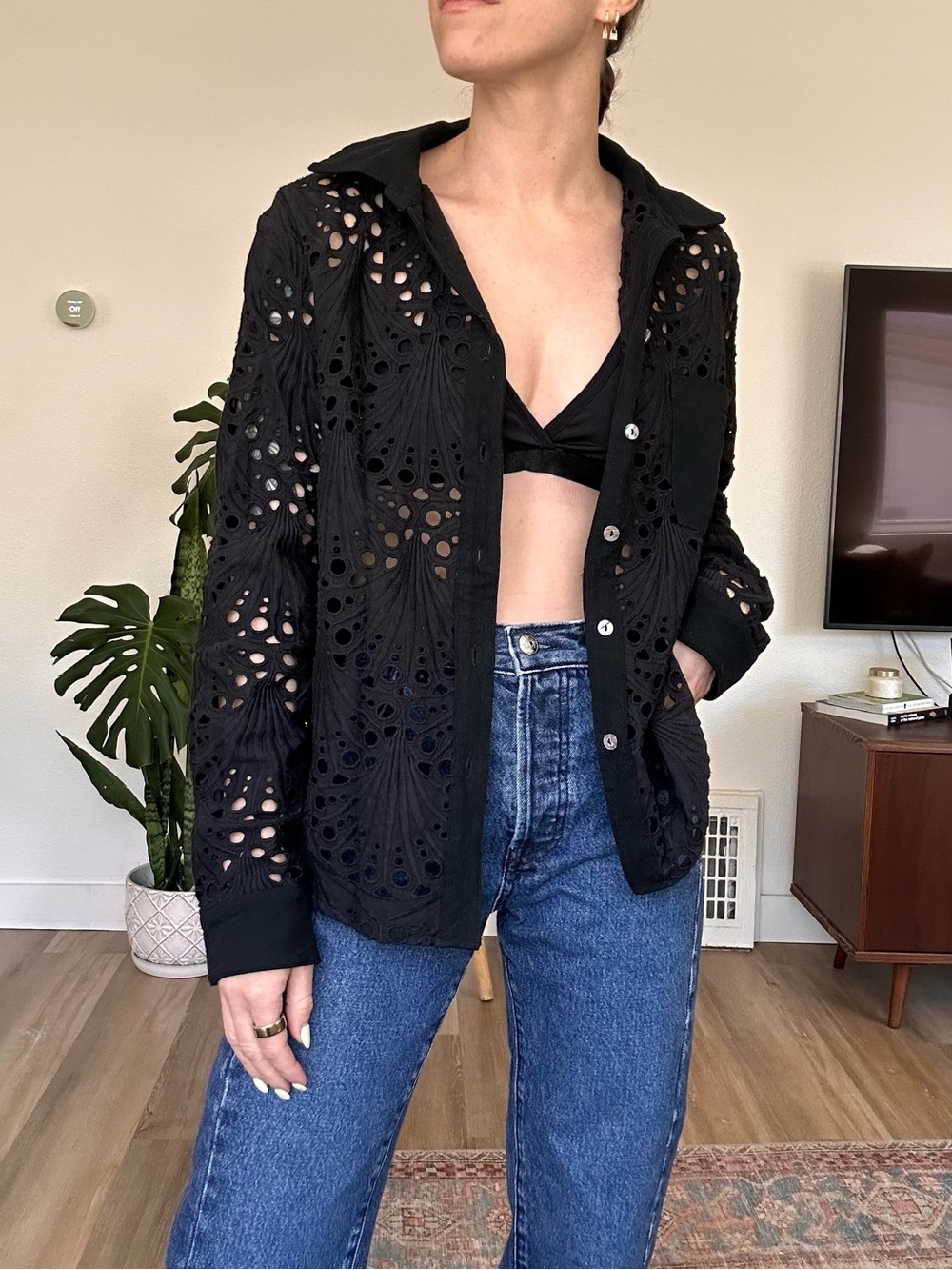 Heartloom Black Eyelet Button Up Top